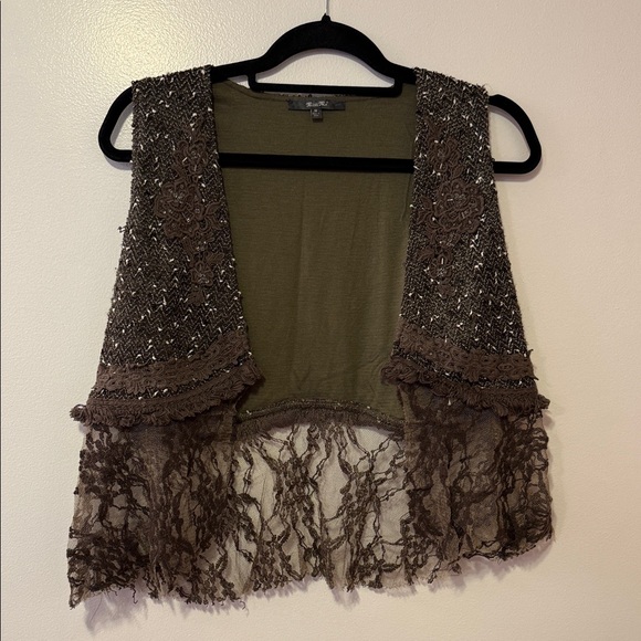 Miss Me Tops - Miss Me Olive Lace Vest with Sequins Size Medium